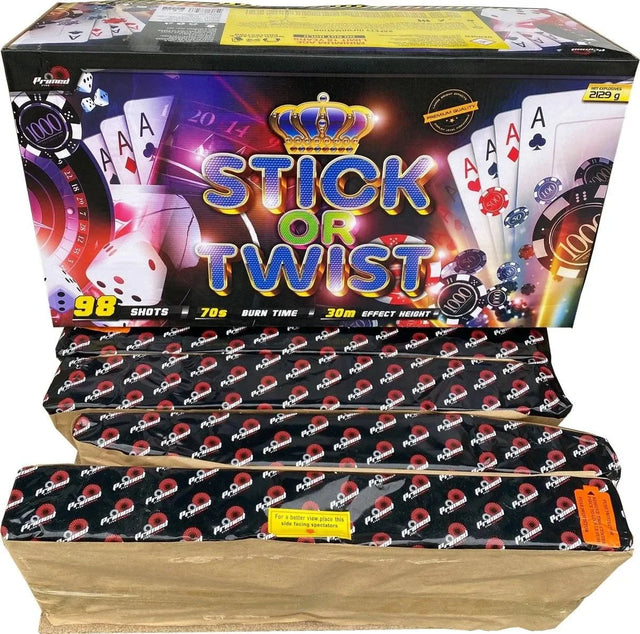 Stick Or Twist 98-shot fanned F3 compound firework by Primed Pyrotechnics
