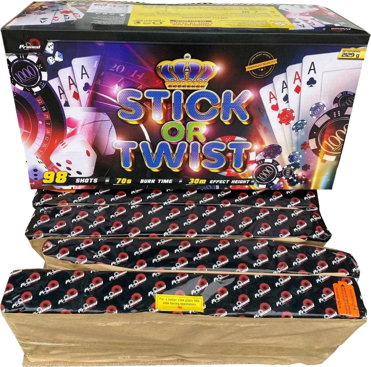 Stick Or Twist 98-shot fanned F3 compound firework by Primed Pyrotechnics