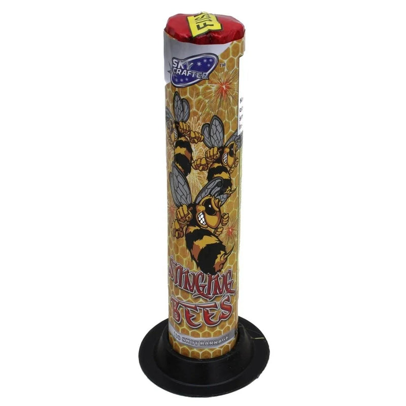 Stinging Bees 100 shot roman candle by Sky Crafter in packaging.