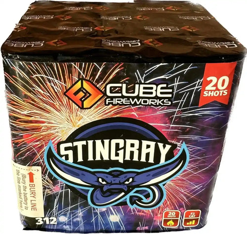 Stingray Firework by Cube Fireworks – 20-shot garden firework with colorful packaging featuring a blue stingray and vibrant burst graphics.