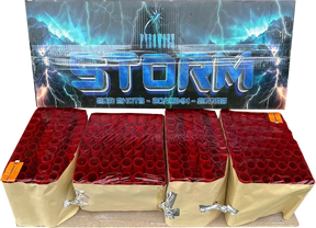 Storm 208 shot compound firework by Pyroworx in packaging.