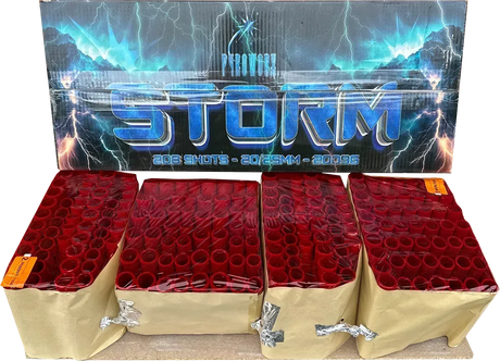 Storm 208 shot compound firework by Pyroworx in packaging.