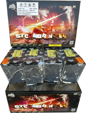Stormbringer 96-shot compound firework by Xtreme, showing product packaging