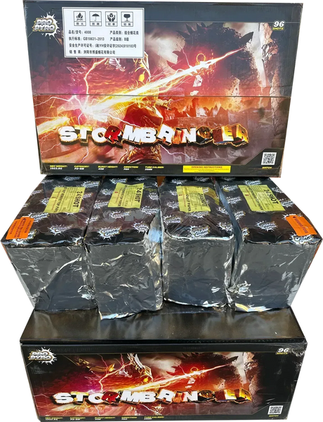 Stormbringer 96-shot compound firework by Xtreme, showing product packaging