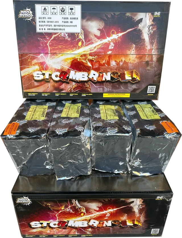 Stormbringer 96-shot compound firework by Xtreme, showing product packaging