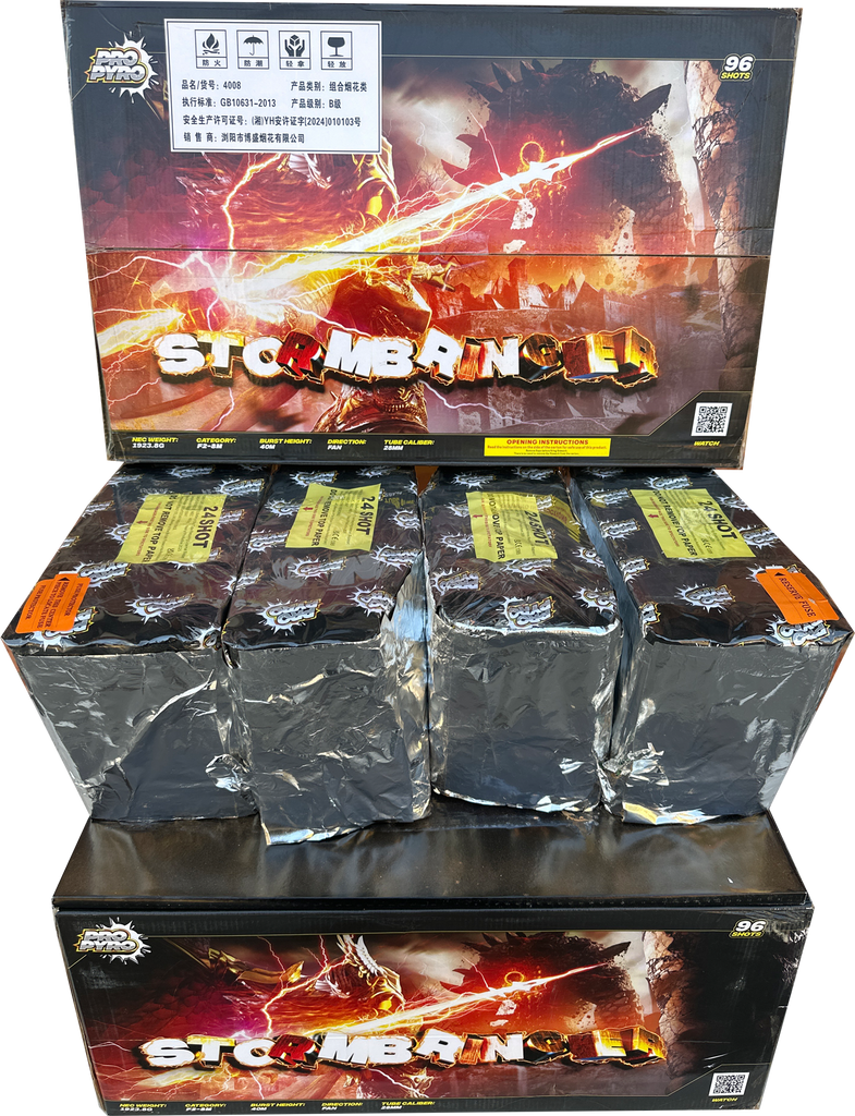 Stormbringer 96 shot compound firework by Pyro Pro in packaging.