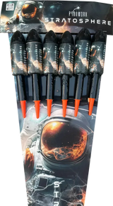 Pack of 6 Stratosphere rockets by Pyroworx in packaging.