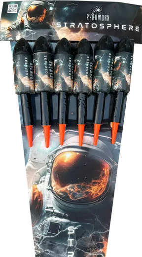Pack of 6 Stratosphere rockets by Pyroworx in packaging.