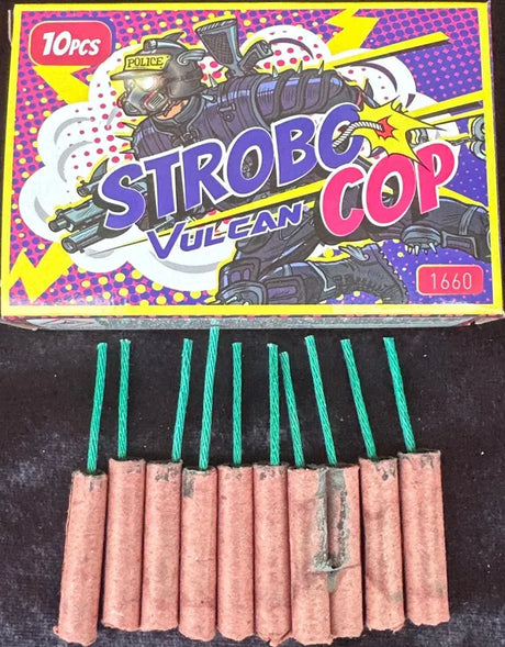 Pack of Strobocop novelty fireworks by Vulcan containing 10 strobing pellets.