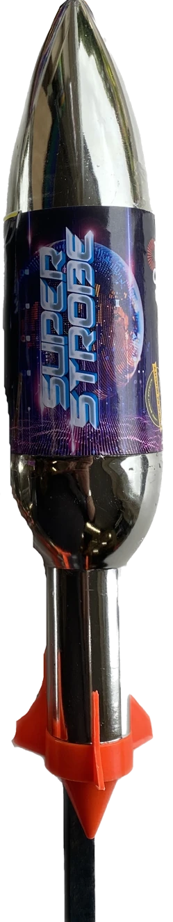 Super Strobe 172g strobe rocket by Primed Pyrotechnics, 1.6 metres tall