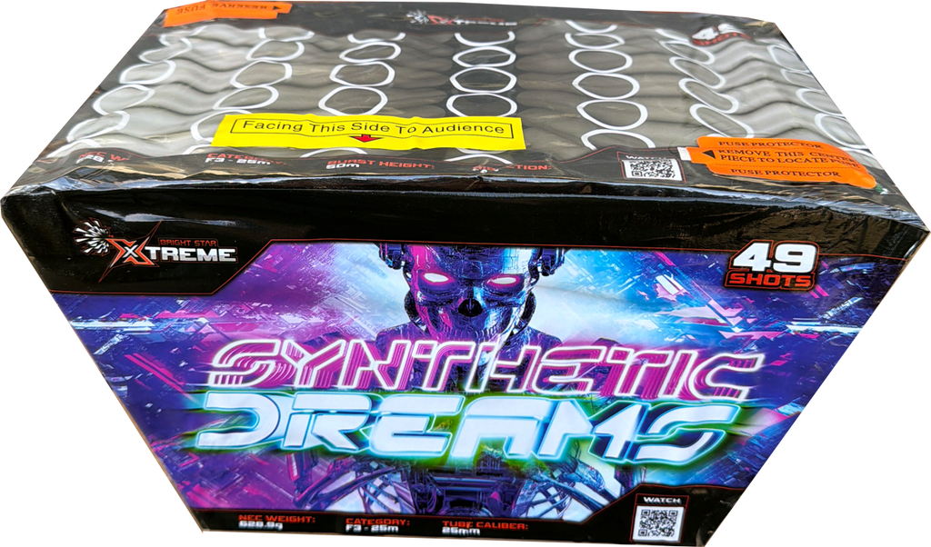 Synthetic Dreams 49 shot fanned cake by Xtreme Fireworks in packaging.