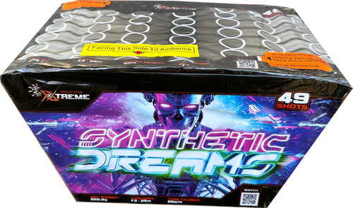 Synthetic Dreams 49 shot fanned cake by Xtreme Fireworks in packaging.