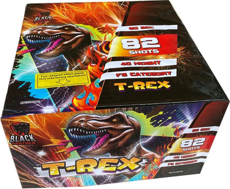 T Rex 82-shot fanned F3 cake firework by Black Panther