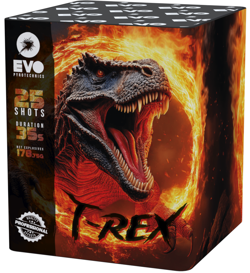 T Rex 25 shot garden firework cake by Evolution Fireworks.