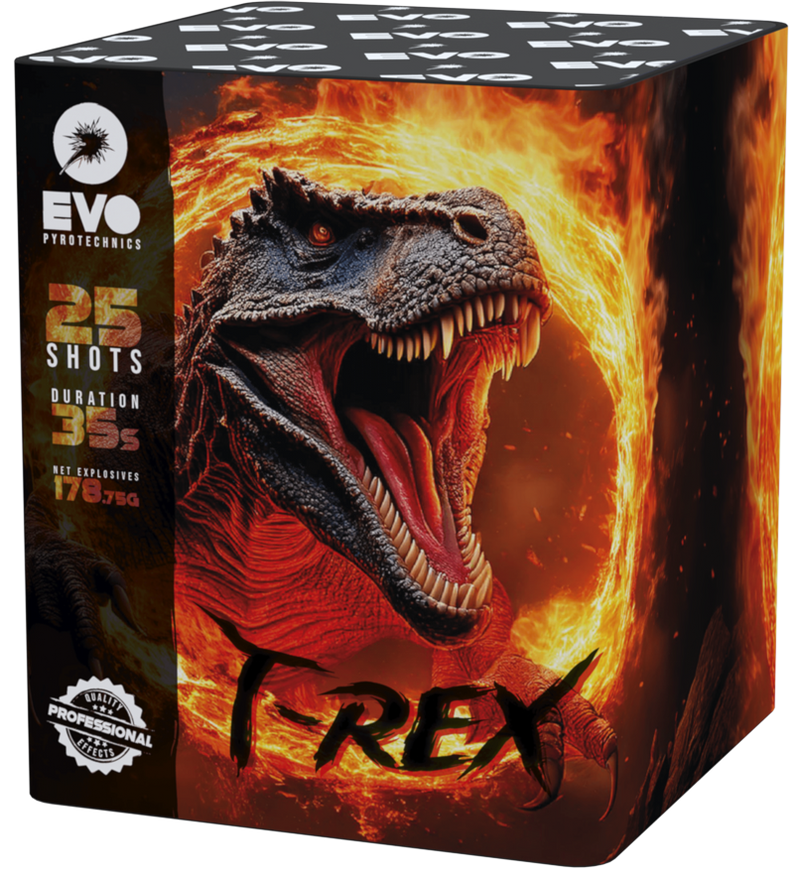 T Rex 25 shot garden firework cake by Evolution Fireworks.