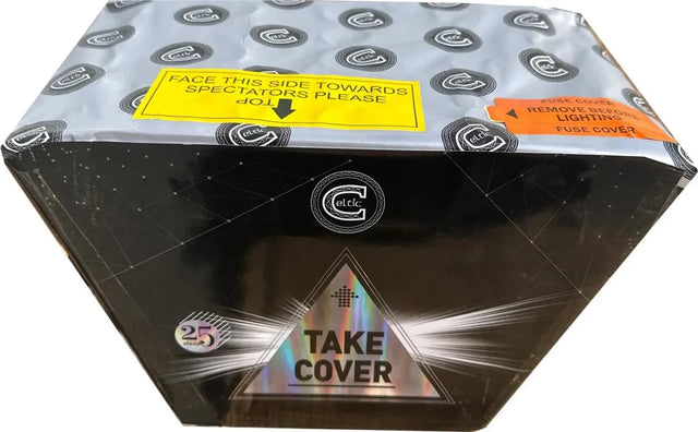 Take Cover 25-shot fanned F2 dump cake firework by Celtic