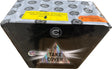 Take Cover 25 shot fanned dump cake by Celtic Fireworks in packaging.