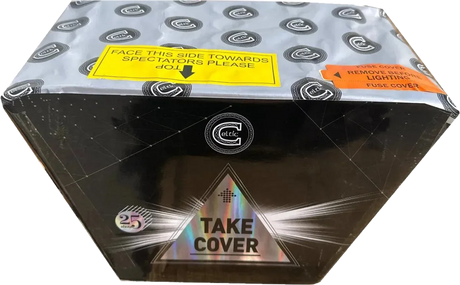 Take Cover 25-shot fanned F2 dump cake firework by Celtic