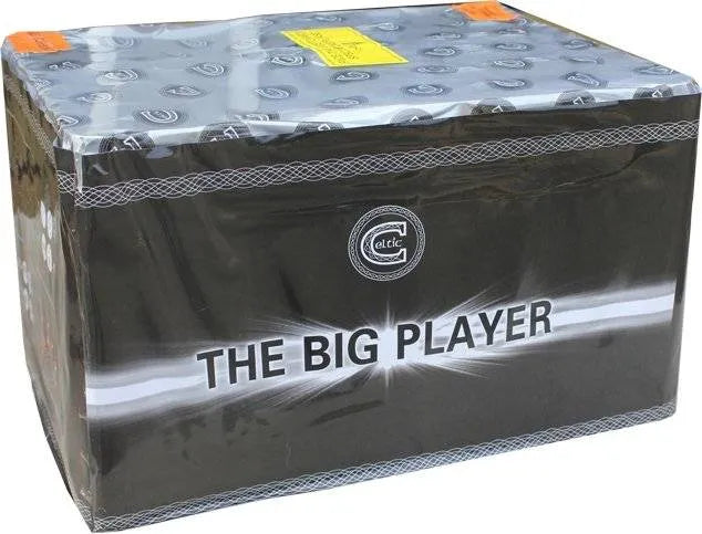 The Big Player 76-shot fanned rainbow cake by Celtic Fireworks in black packaging, ideal for party celebrations and fireworks displays.