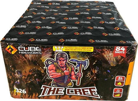The Cree 84-shot fanned F3 cake firework by Cube Fireworks