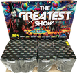 The Greatest Show 254 shot single ignition compound firework by Galactic Fireworks in packaging.