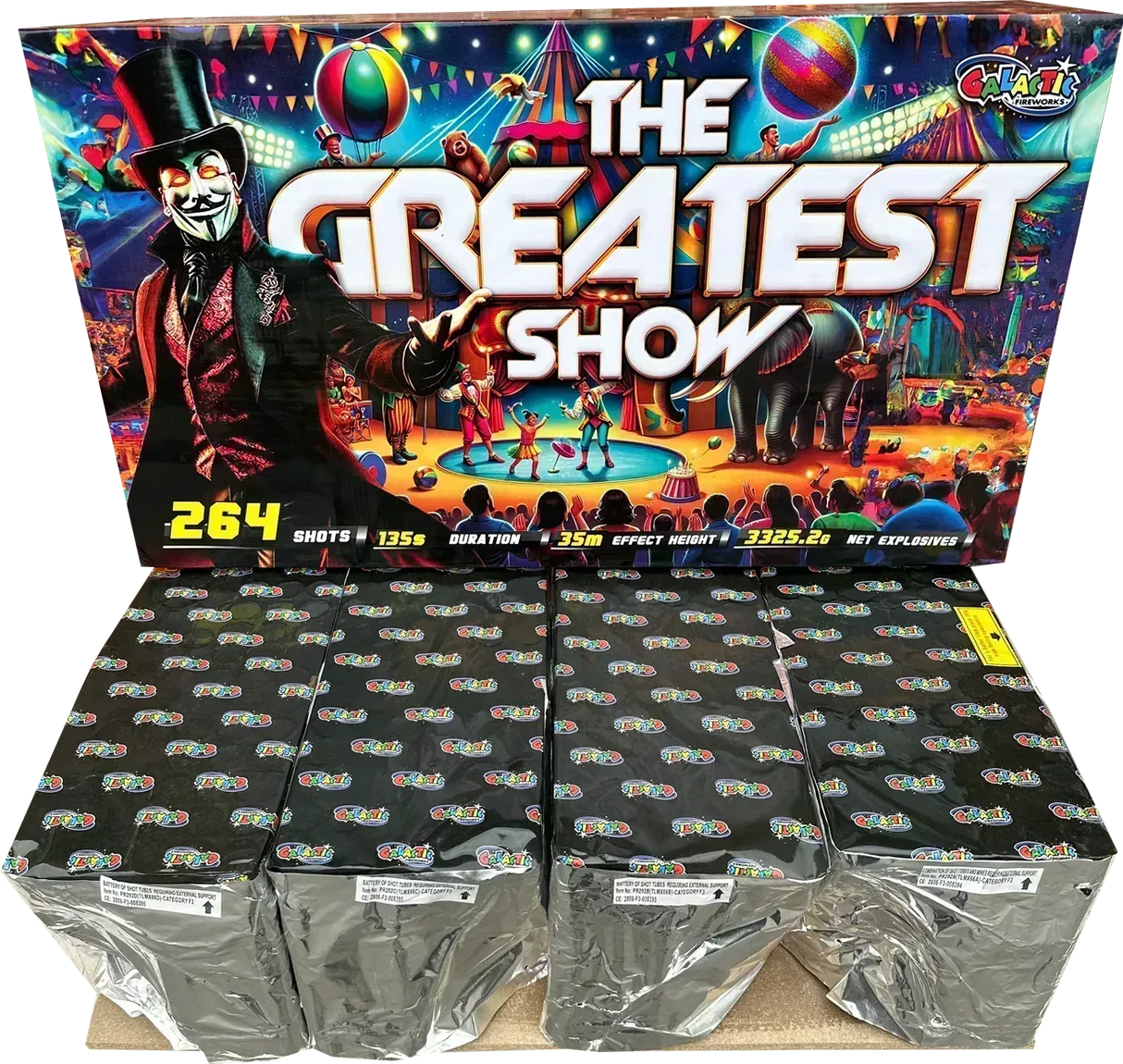 The Greatest Show 254 shot single ignition compound firework by Galactic Fireworks in packaging.