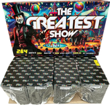 The Greatest Show 254 shot single ignition compound firework by Galactic Fireworks in packaging.