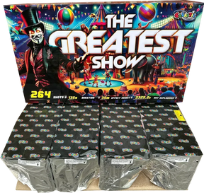 The Greatest Show 254 shot single ignition compound firework by Galactic Fireworks in packaging.