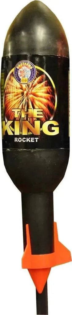 The King Reborn Rocket by Brothers Pyrotechnics features a bold black casing with a fiery label, ideal for high-impact fireworks displays.