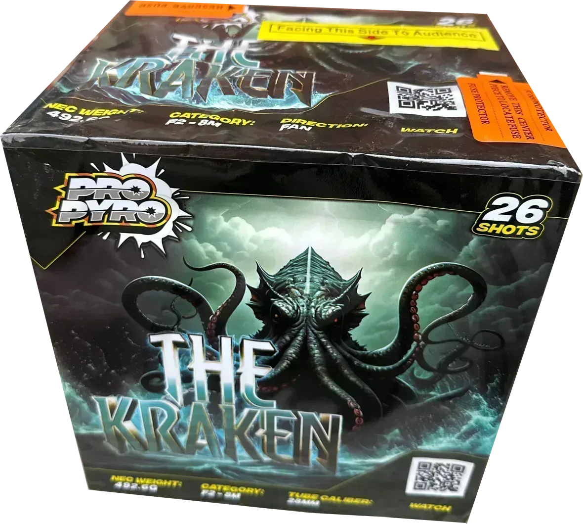 The Kraken 26 shot high power cake by Cube Fireworks in packaging.