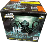 The Kraken 26 shot high power cake by Cube Fireworks in packaging.