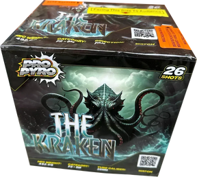 The Kraken 26 shot high power cake by Cube Fireworks in packaging.