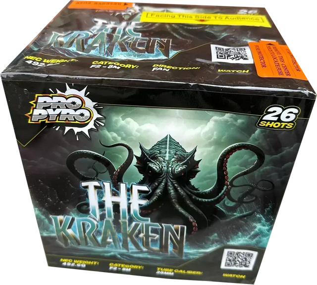 The Kraken 26 shot high power cake by Cube Fireworks in packaging.