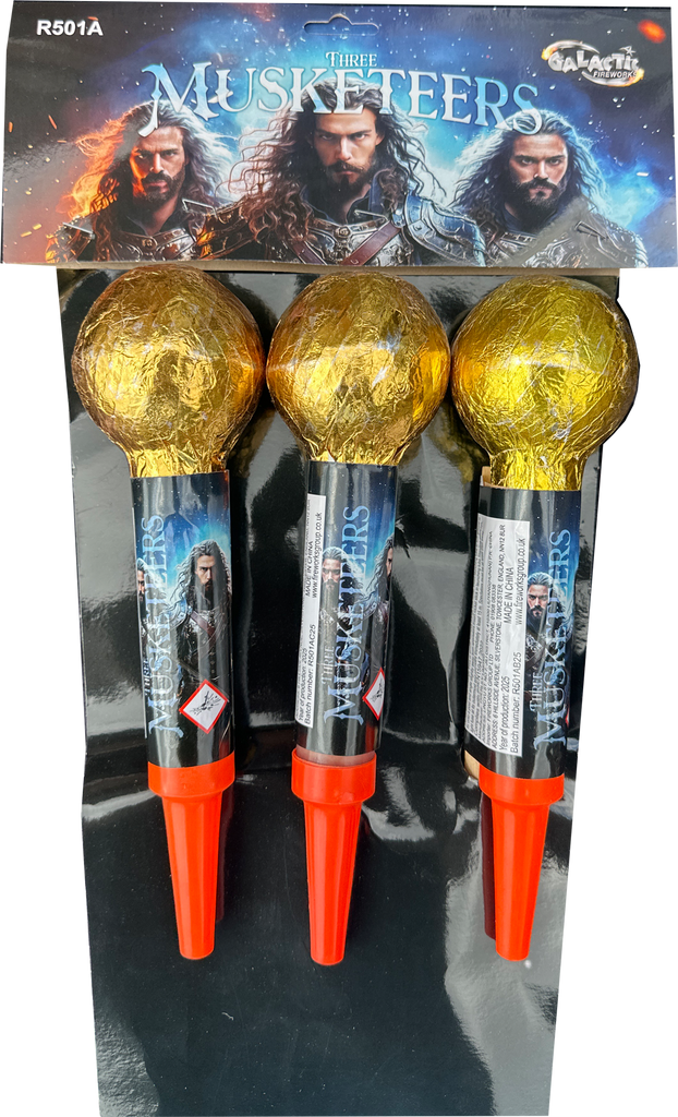 Pack of 3 The Three Musketeers ball-head rockets by Galactic Fireworks.