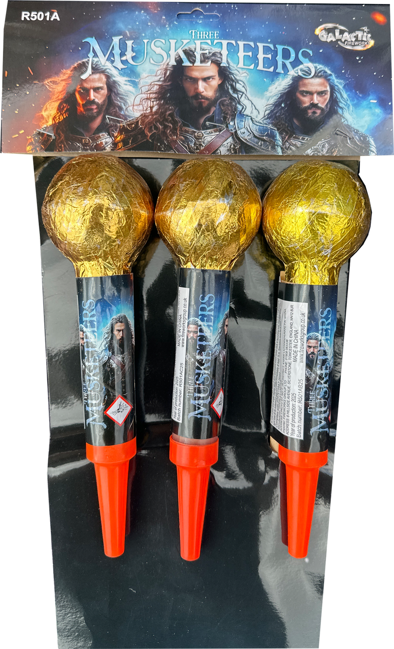 Pack of 3 The Three Musketeers ball-head rockets by Galactic Fireworks.