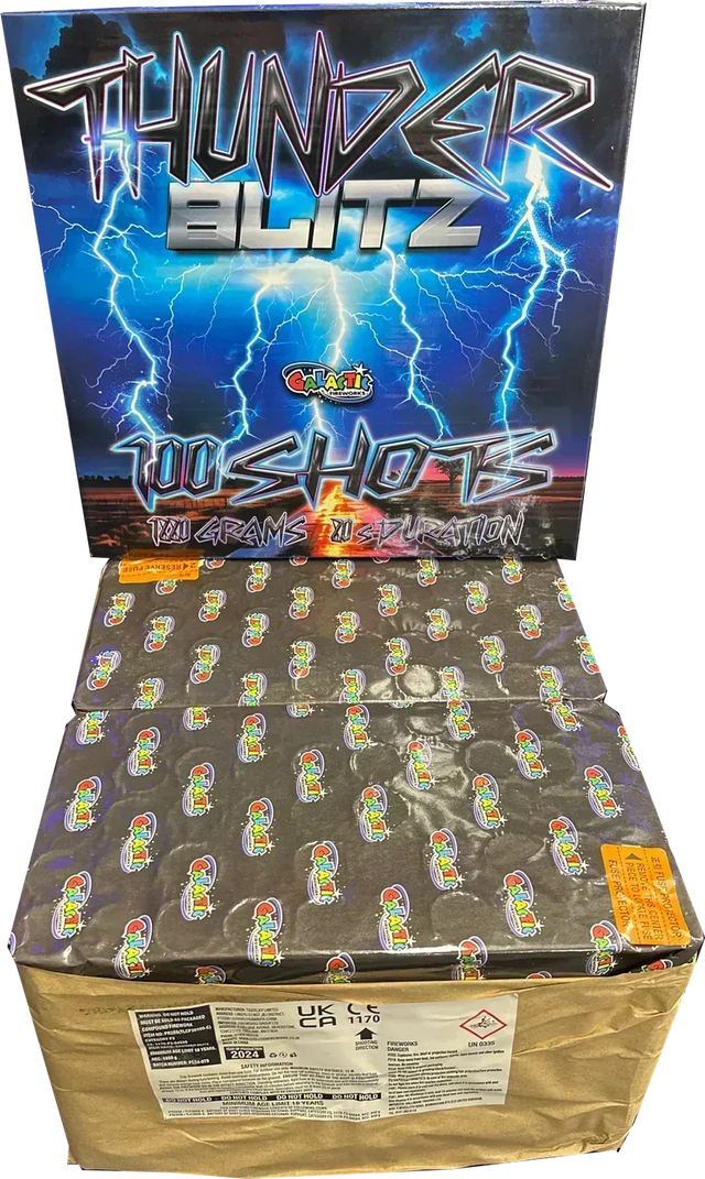 Thunder Blitz 100 shot heavyweight compound firework by Galactic Fireworks.