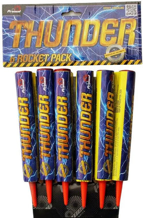 Thunder Rockets 6 pack of titanium salute air bomb fireworks with bold lightning-themed packaging for high-impact sound celebrations.
