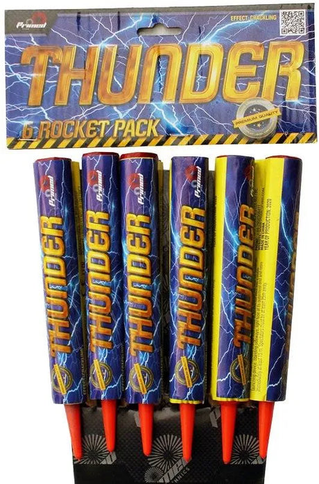 Thunder Rockets 6 pack of titanium salute air bomb fireworks with bold lightning-themed packaging for high-impact sound celebrations.