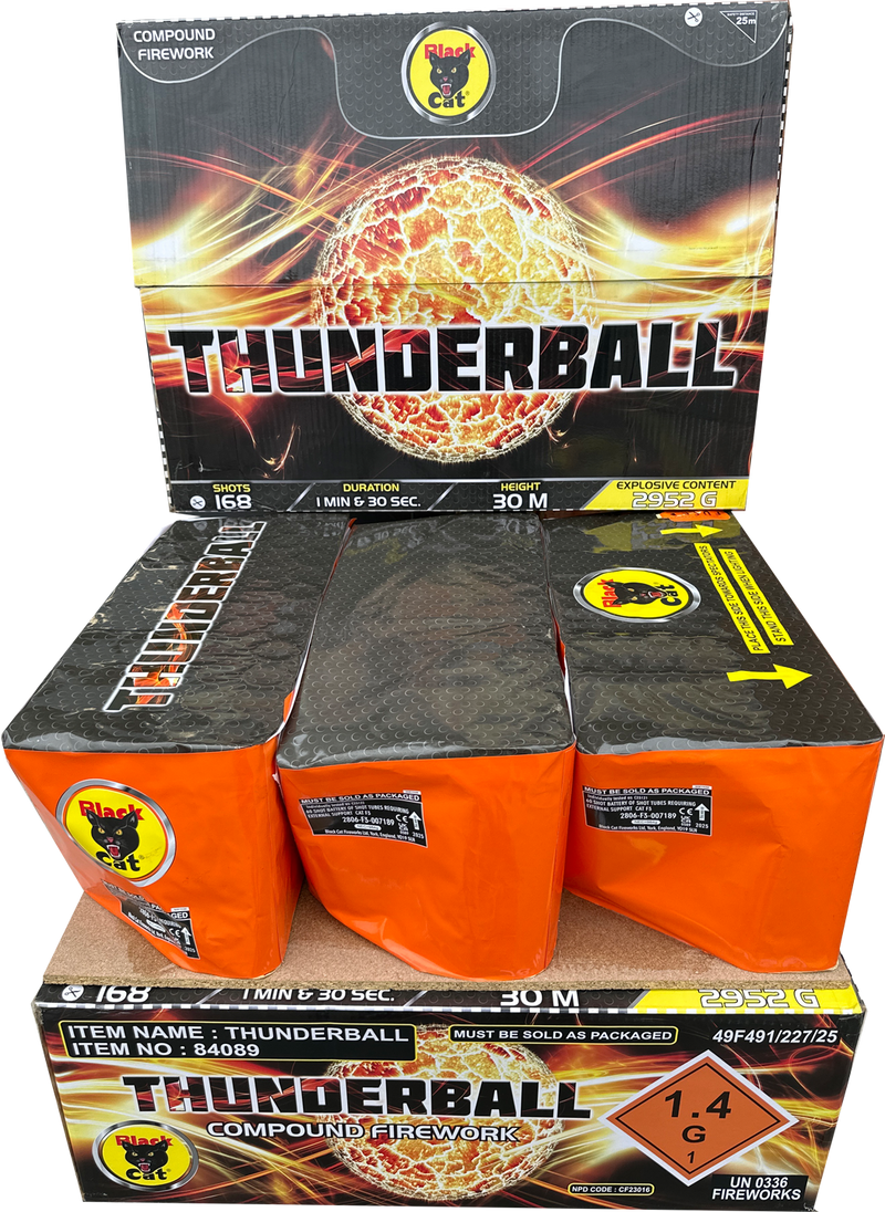 Thunderball 168 shot compound firework by Black Cat in packaging.