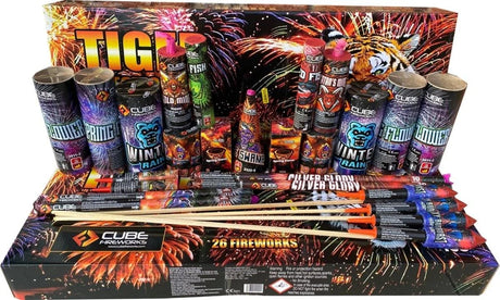 Tiger Selection Box 26-piece F3 firework selection box by Cube Fireworks