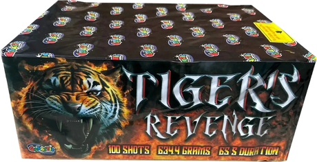 Tigers Revenge 100-shot fanned F3 cake firework by Galactic Fireworks