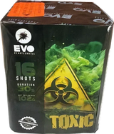 Toxic 16-shot F2 cake firework by Evolution