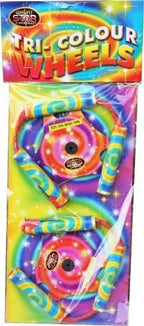 Tri Colour Wheels | Twin Pack Spinning Wheels by Bright Star featuring vibrant rainbow-colored fireworks ideal for garden party displays.