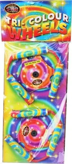Tri Colour Wheels | Twin Pack Spinning Wheels by Bright Star featuring vibrant rainbow-colored fireworks ideal for garden party displays.