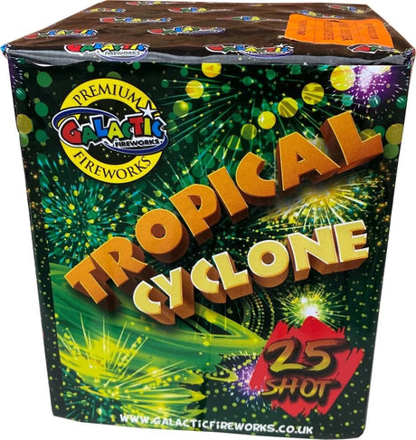Tropical Cyclone 25-shot firework cake by Galactic Fireworks with vibrant red packaging and explosive graphic design for party celebrations.