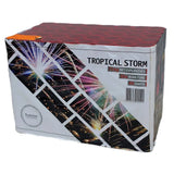 Tropical Storm 40-shot firework cake by Evolution Fireworks, featuring vibrant packaging with colorful burst graphics, sold by Galactic Fireworks.