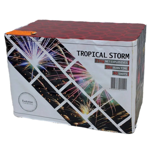 Tropical Storm 40-shot firework cake by Evolution Fireworks, featuring vibrant packaging with colorful burst graphics, sold by Galactic Fireworks.