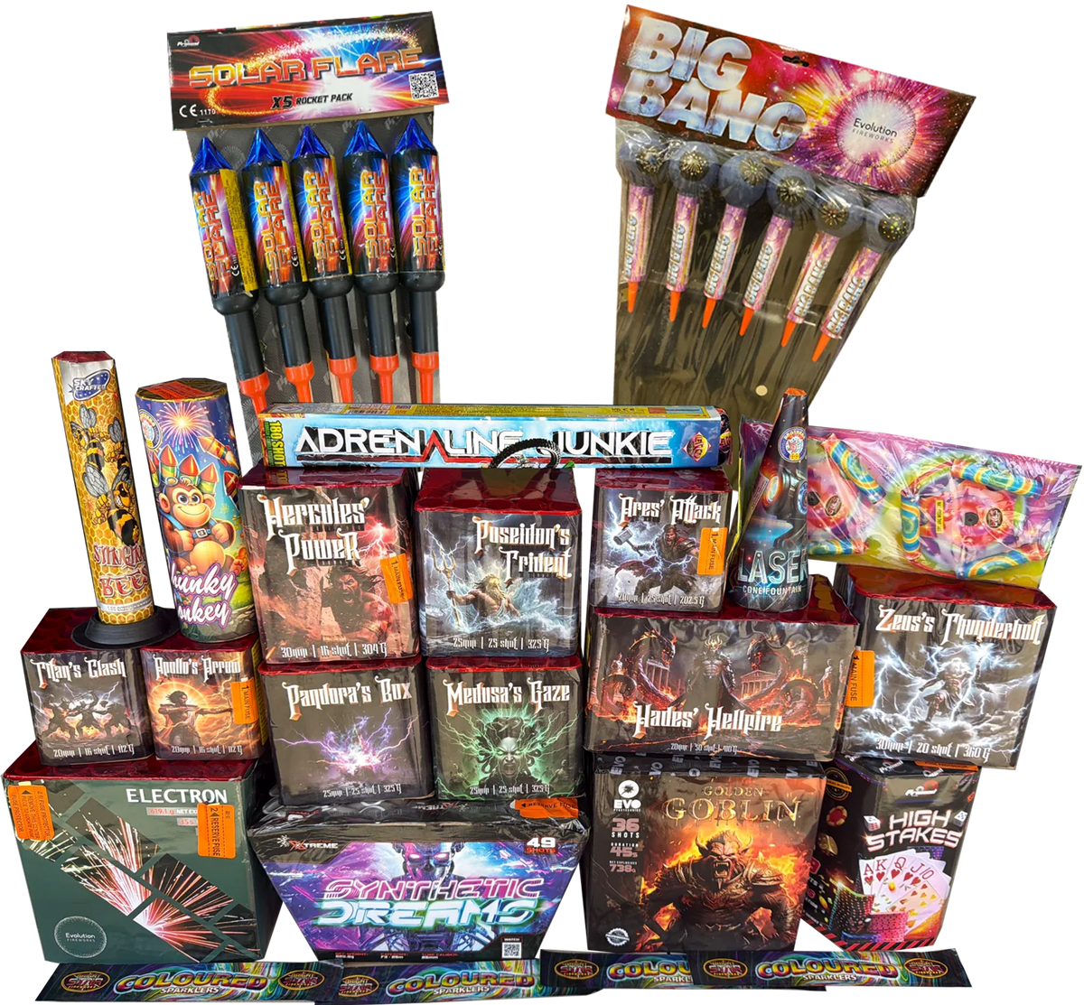 Troublemaker Pack 30-piece complete display firework pack by Galactic Fireworks