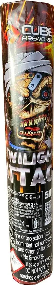 Twilight Attack Roman Candle - 56 Shots by Cube Fireworks featuring intense artwork and bold branding for party celebrations and fireworks events.