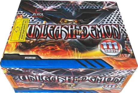 Unleash The Demon 111-shot rapid-fire fanned cake by Black Panther, featuring explosive artwork and bold branding for party fireworks.